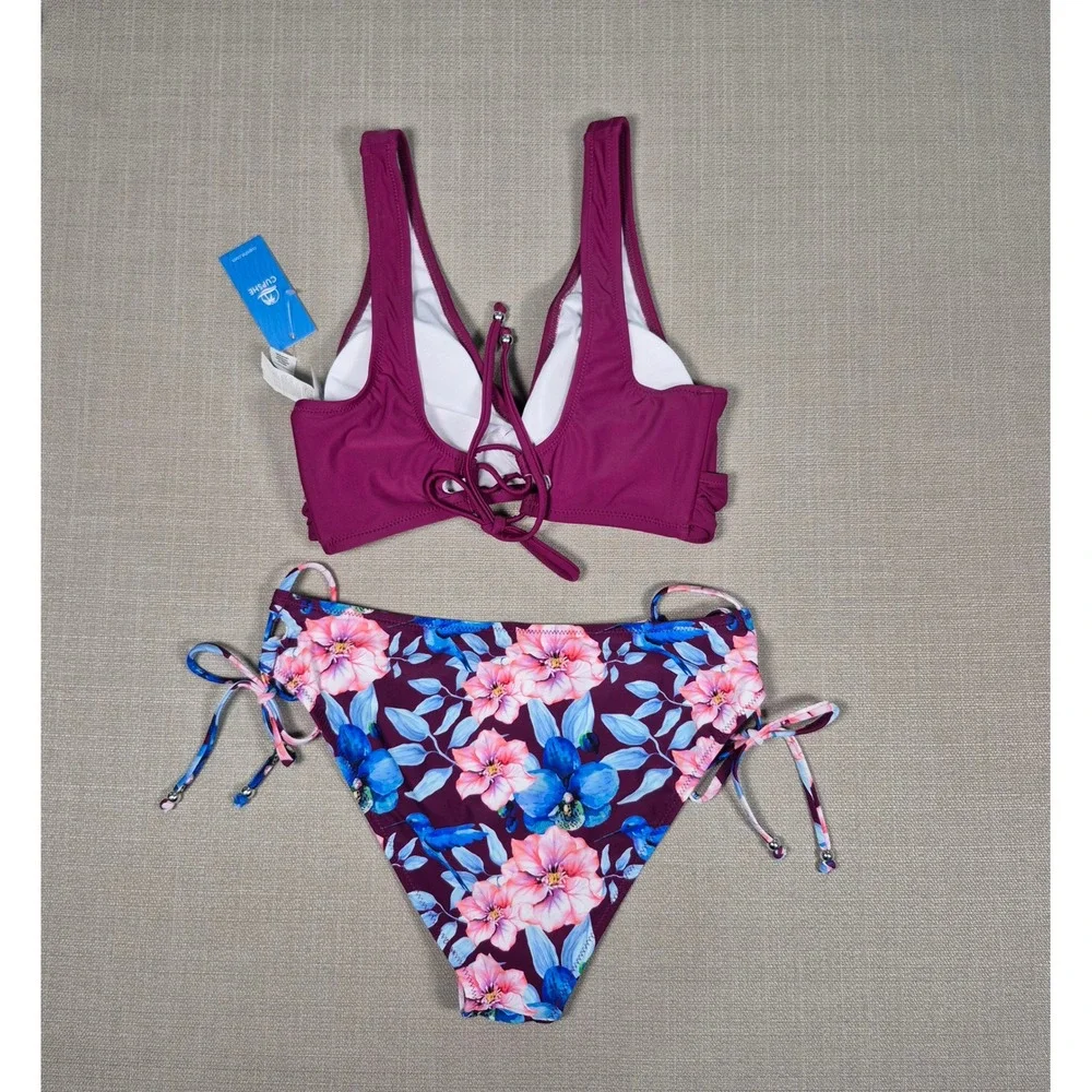 Cupshe Womens Bikini Set Plum Purple Floral Wrap Lace Up Side Tie M ADL5024B NWT
